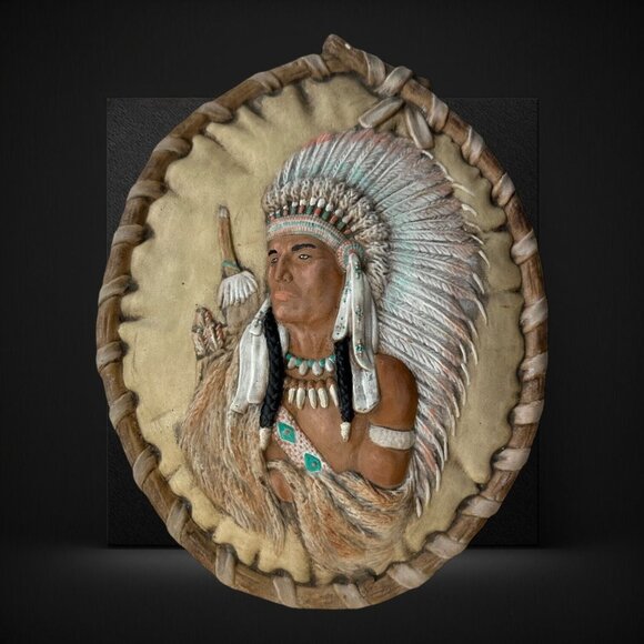 Native American Chief Warrior Wall Decor With Feather Headdress & Beaded Details - Picture 1 of 8